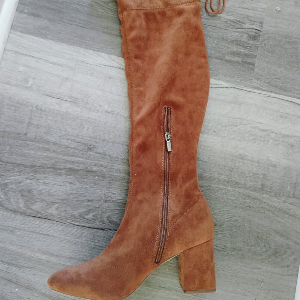 Suede cognac knee high boots